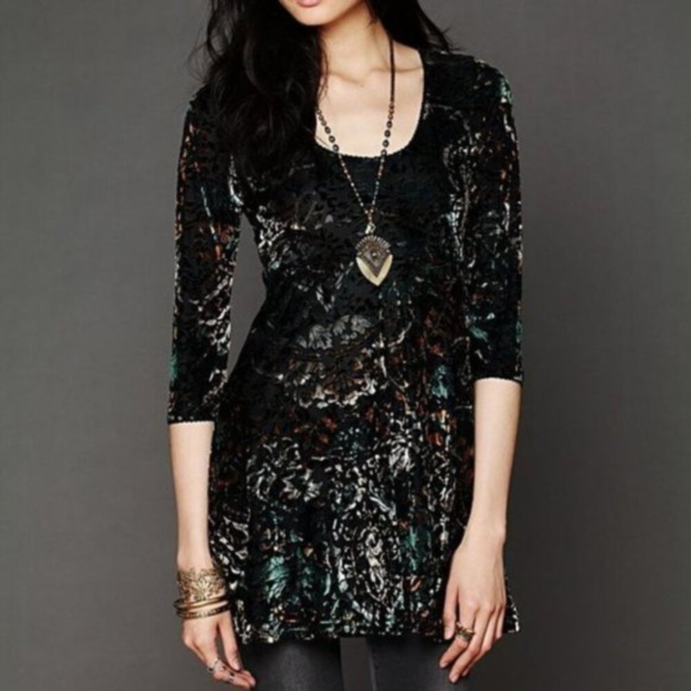 FREE PEOPLE | "Musa" Black Floral Velvet Long Sleeve Tunic Mini Dress XS